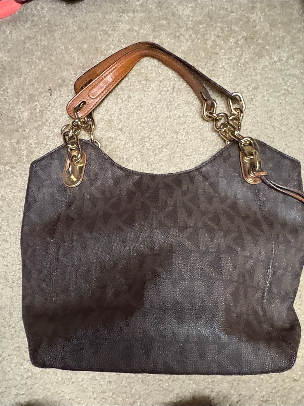 Michael Kors Dark Brown Signature Shoulder Bag with Tan Leather Straps